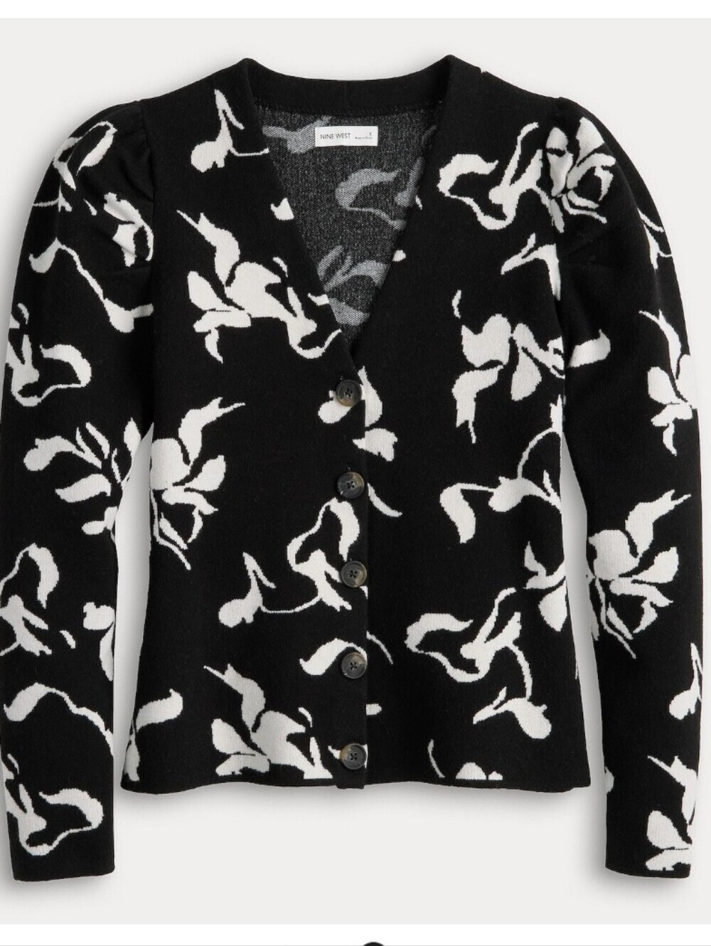 Nine West Black and White Floral Puff Sleeve Cardigan